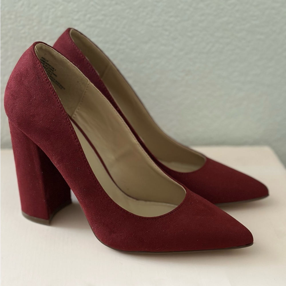 Suede Point Toe Chunky Heels in burgundy